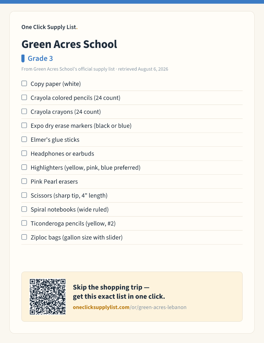 Green Acres School Grade 3 supply list — printable image
