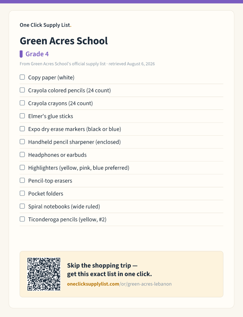 Green Acres School Grade 4 supply list — printable image