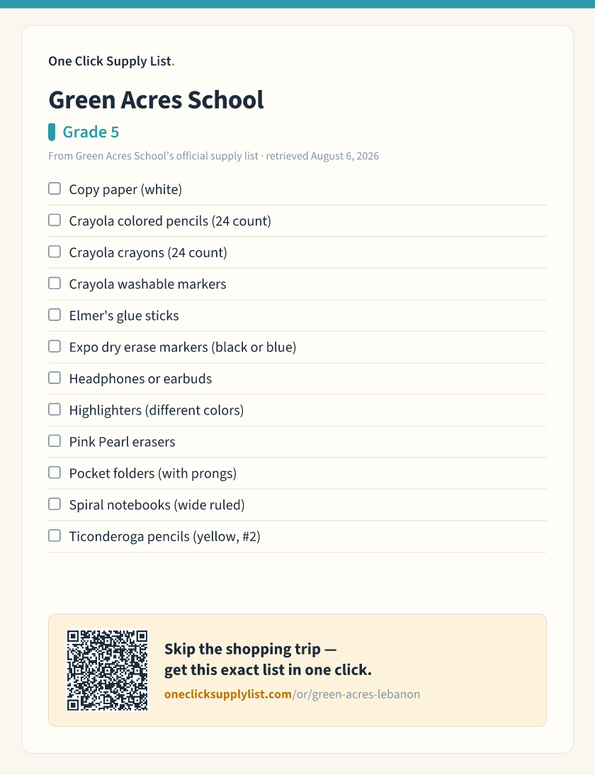 Green Acres School Grade 5 supply list — printable image