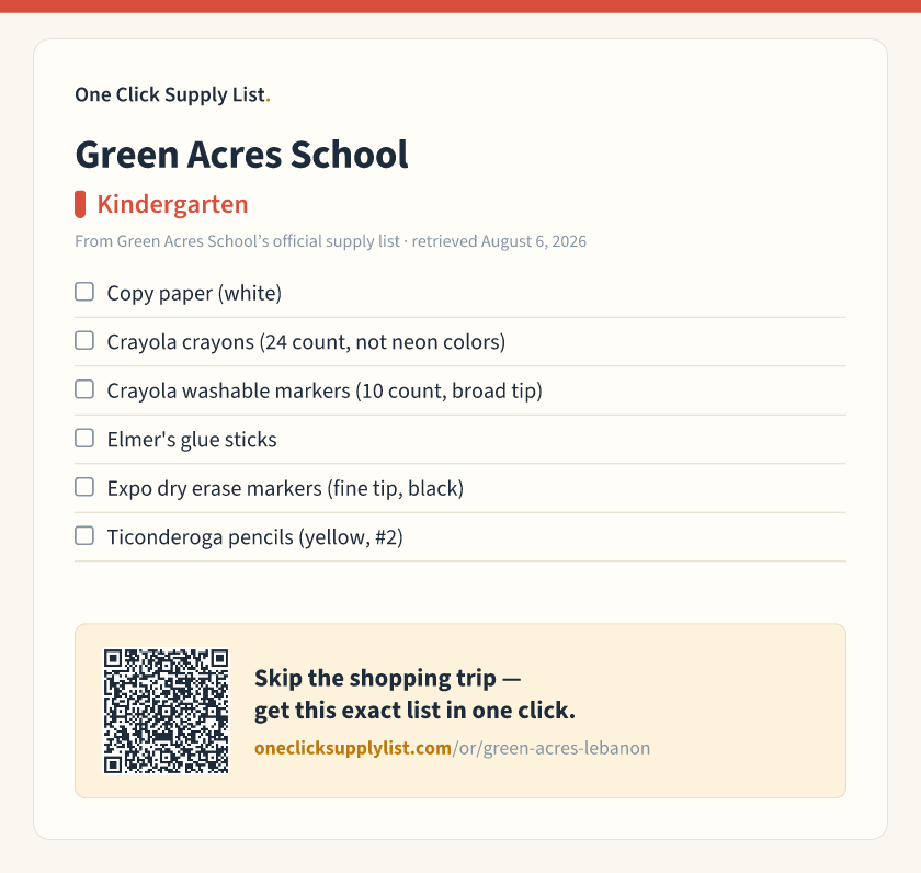 Green Acres School Kindergarten supply list — printable image