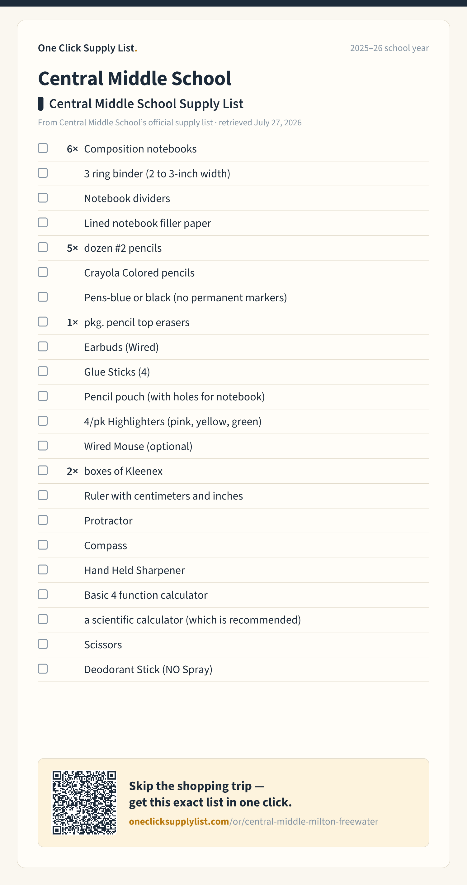 Central Middle School Central Middle School Supply List supply list — printable image