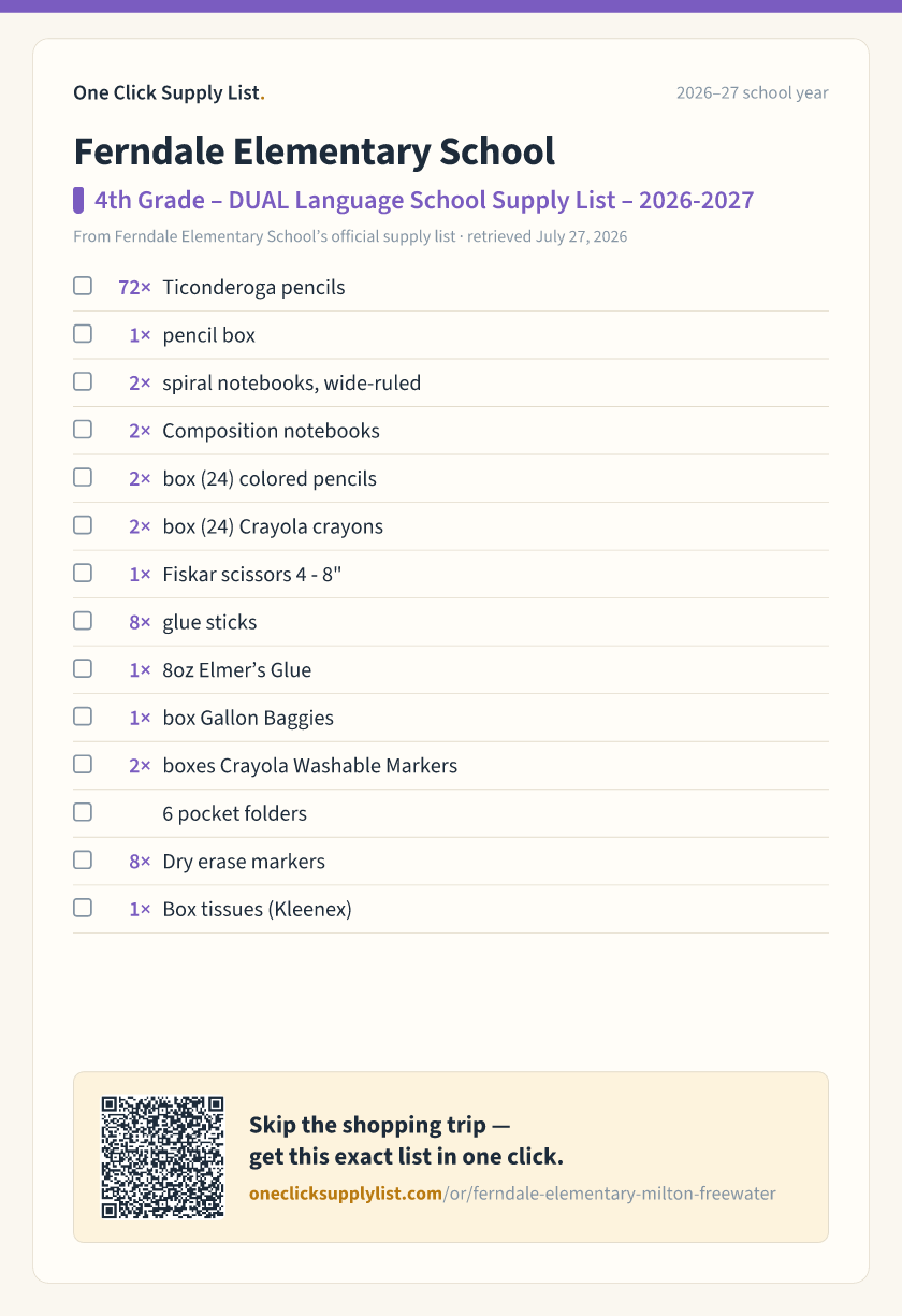 Ferndale Elementary School 4th Grade – DUAL Language School Supply List – 2026-2027 supply list — printable image