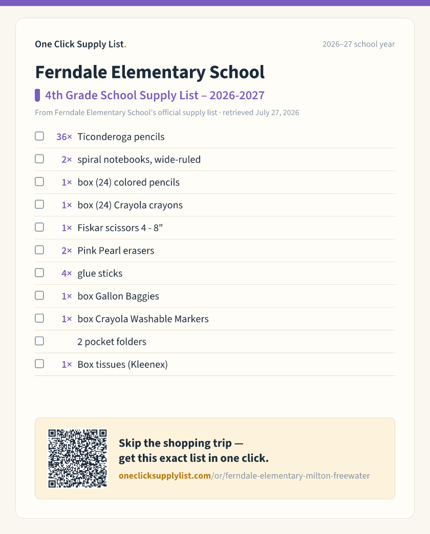 Ferndale Elementary School 4th Grade School Supply List – 2026-2027 supply list — printable image
