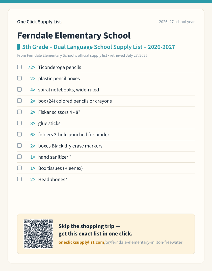 Ferndale Elementary School 5th Grade – Dual Language School Supply List – 2026-2027 supply list — printable image