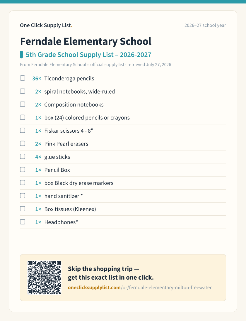 Ferndale Elementary School 5th Grade School Supply List – 2026-2027 supply list — printable image
