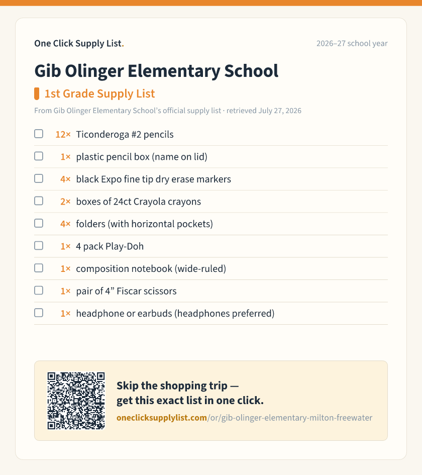 Gib Olinger Elementary School 1st Grade Supply List supply list — printable image