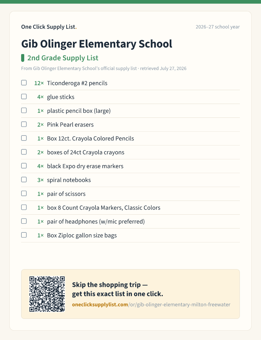 Gib Olinger Elementary School 2nd Grade Supply List supply list — printable image
