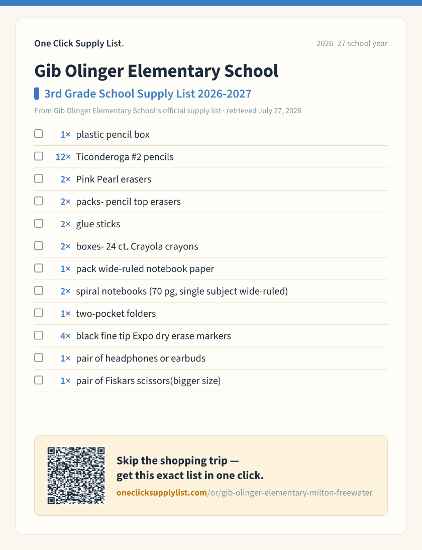 Gib Olinger Elementary School 3rd Grade School Supply List 2026-2027 supply list — printable image