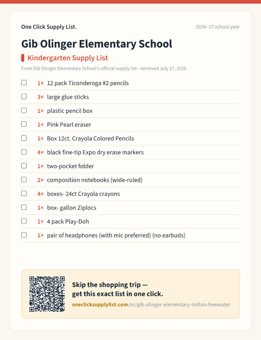 Gib Olinger Elementary School Kindergarten Supply List supply list — printable image