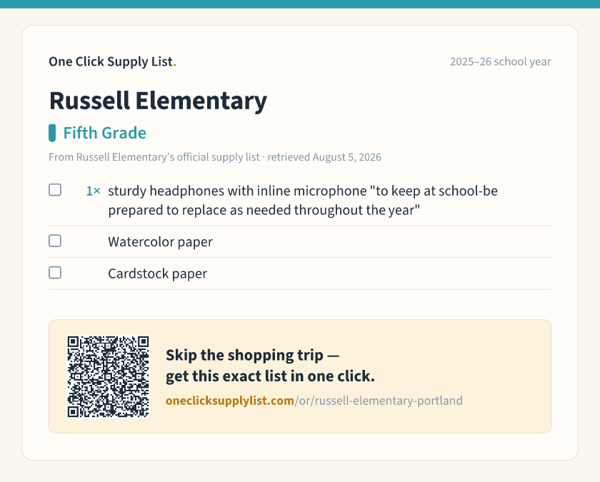 Russell Elementary Fifth Grade supply list — printable image