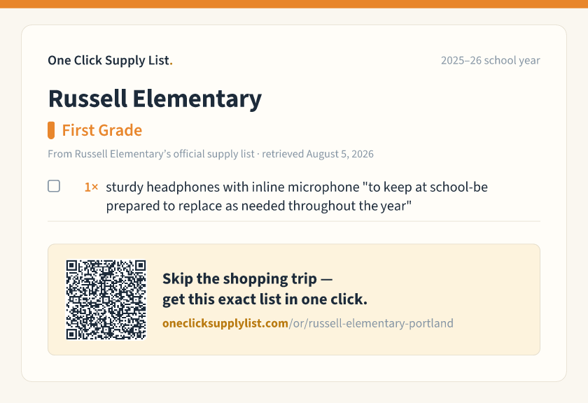 Russell Elementary First Grade supply list — printable image