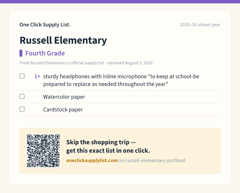 Russell Elementary Fourth Grade supply list — printable image