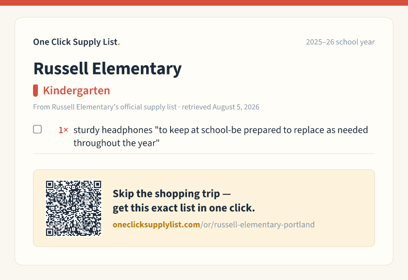 Russell Elementary Kindergarten supply list — printable image