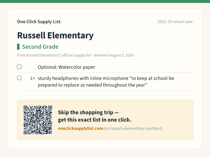 Russell Elementary Second Grade supply list — printable image