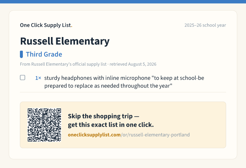 Russell Elementary Third Grade supply list — printable image