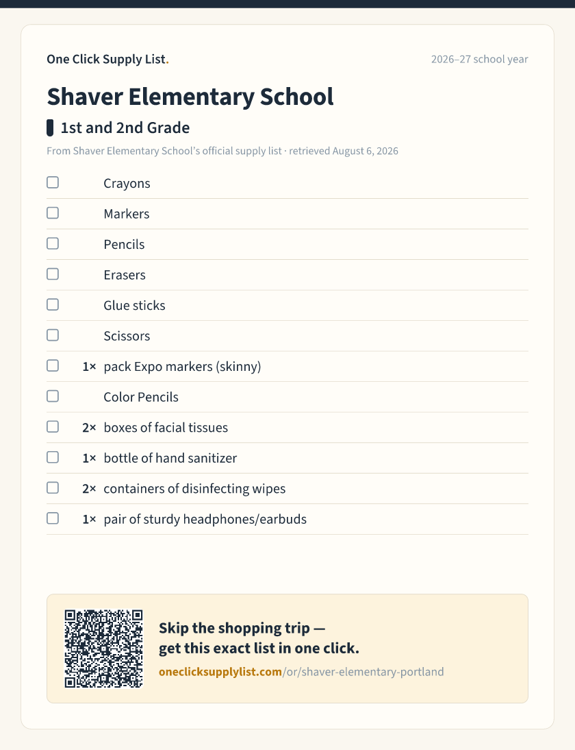 Shaver Elementary School 1st and 2nd Grade supply list — printable image