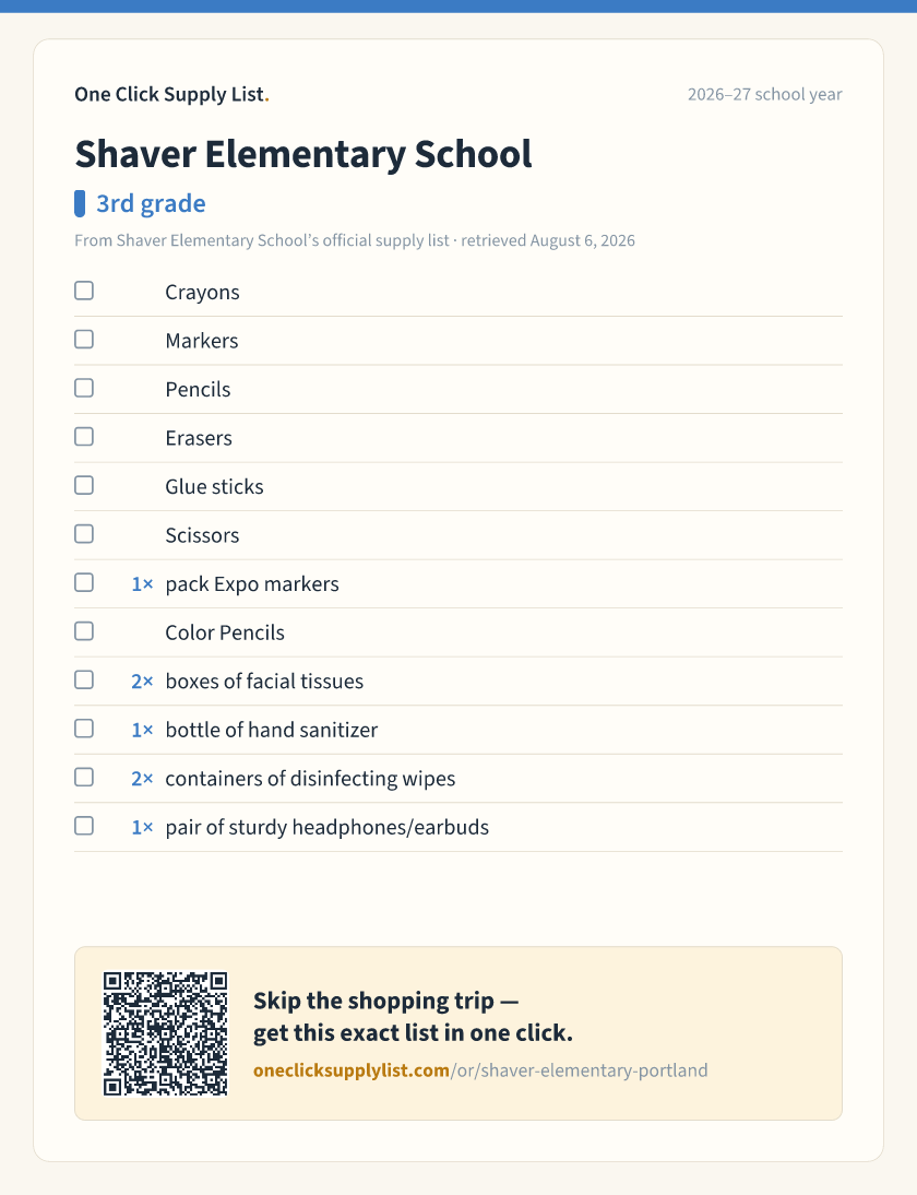 Shaver Elementary School 3rd grade supply list — printable image
