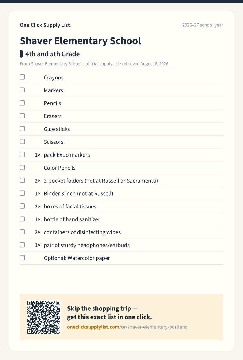 Shaver Elementary School 4th and 5th Grade supply list — printable image