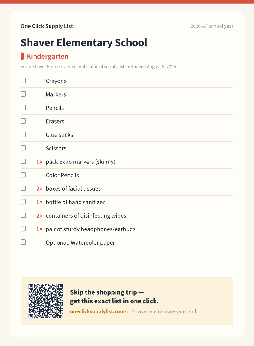 Shaver Elementary School Kindergarten supply list — printable image