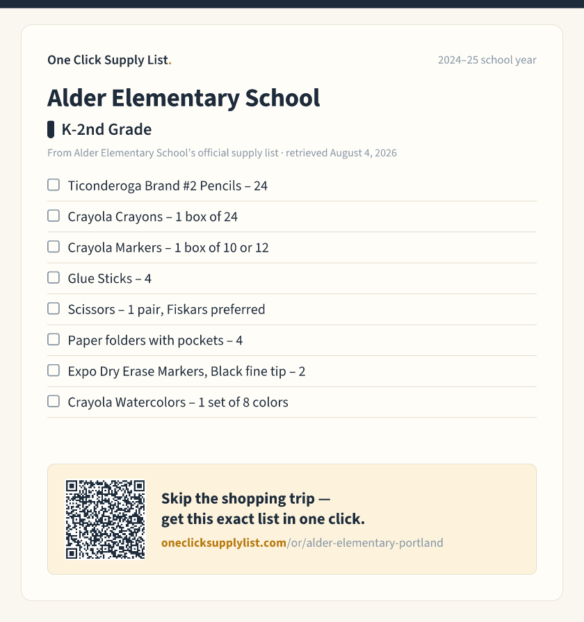 Alder Elementary School K-2nd Grade supply list — printable image