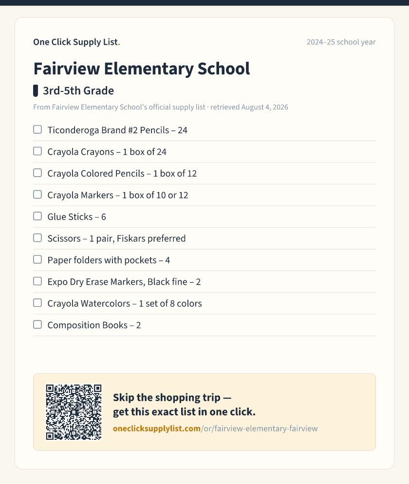 Fairview Elementary School 3rd-5th Grade supply list — printable image