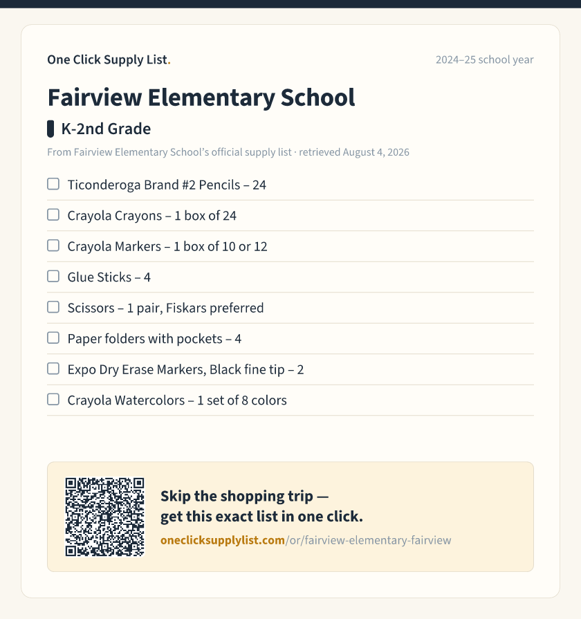 Fairview Elementary School K-2nd Grade supply list — printable image