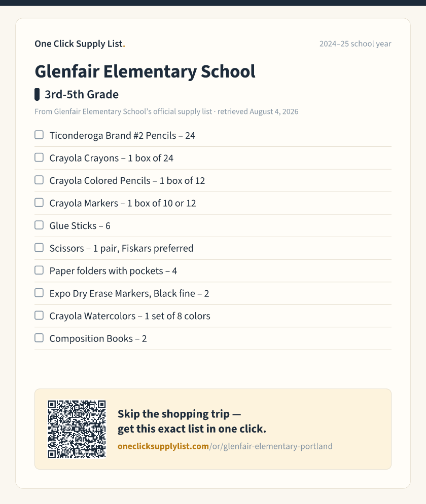 Glenfair Elementary School 3rd-5th Grade supply list — printable image