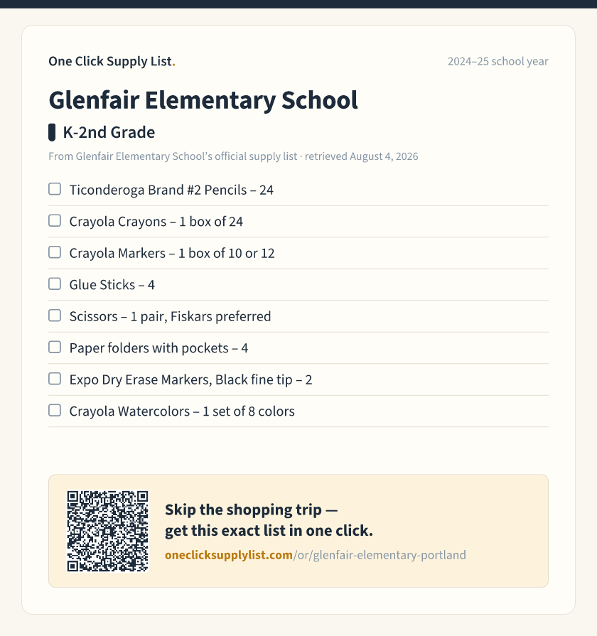 Glenfair Elementary School K-2nd Grade supply list — printable image
