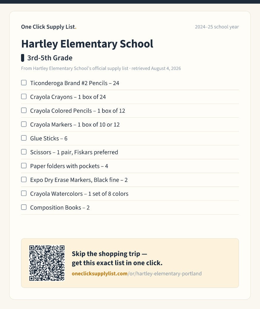 Hartley Elementary School 3rd-5th Grade supply list — printable image