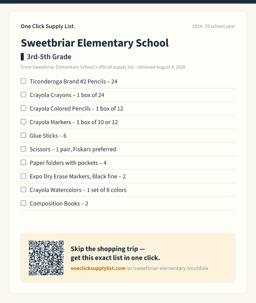Sweetbriar Elementary School 3rd-5th Grade supply list — printable image