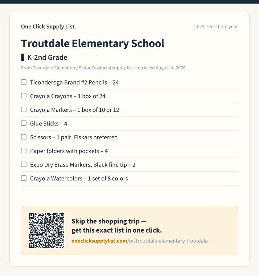Troutdale Elementary School K-2nd Grade supply list — printable image
