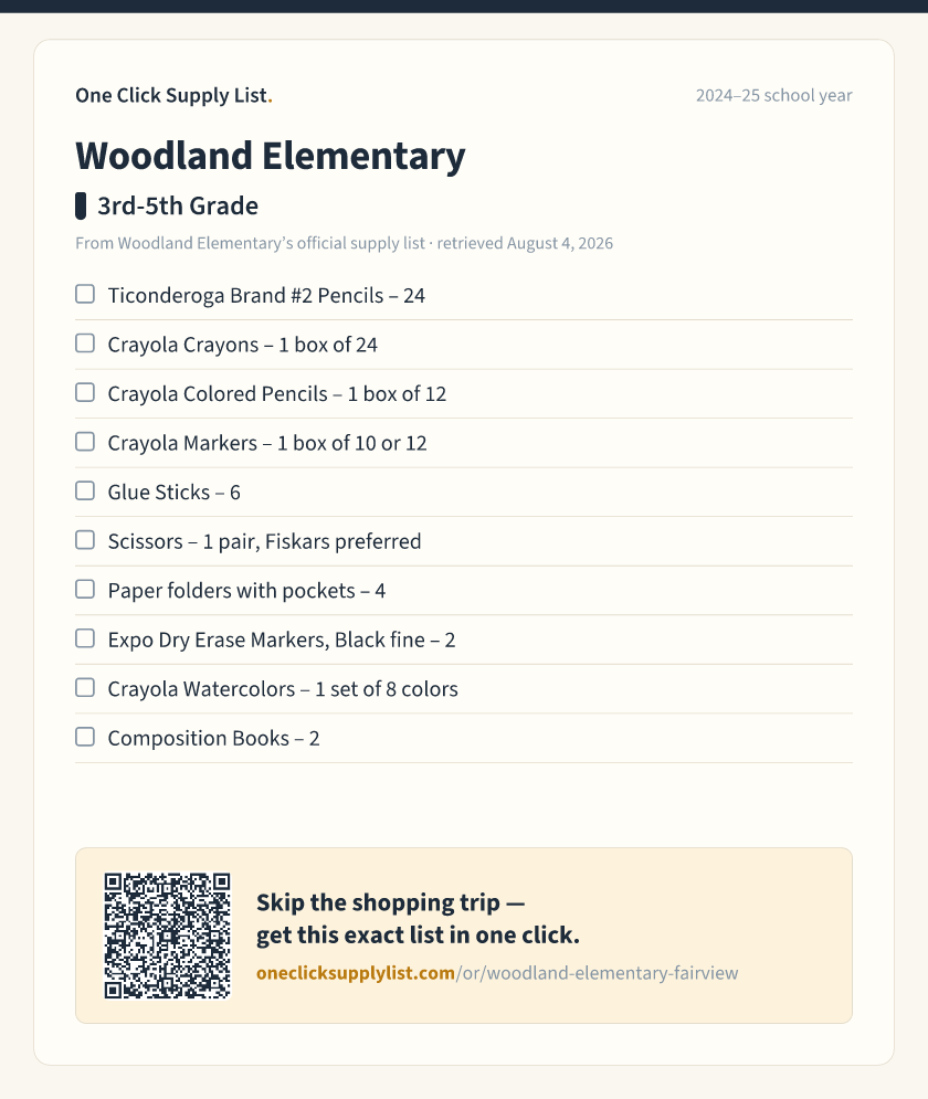 Woodland Elementary 3rd-5th Grade supply list — printable image