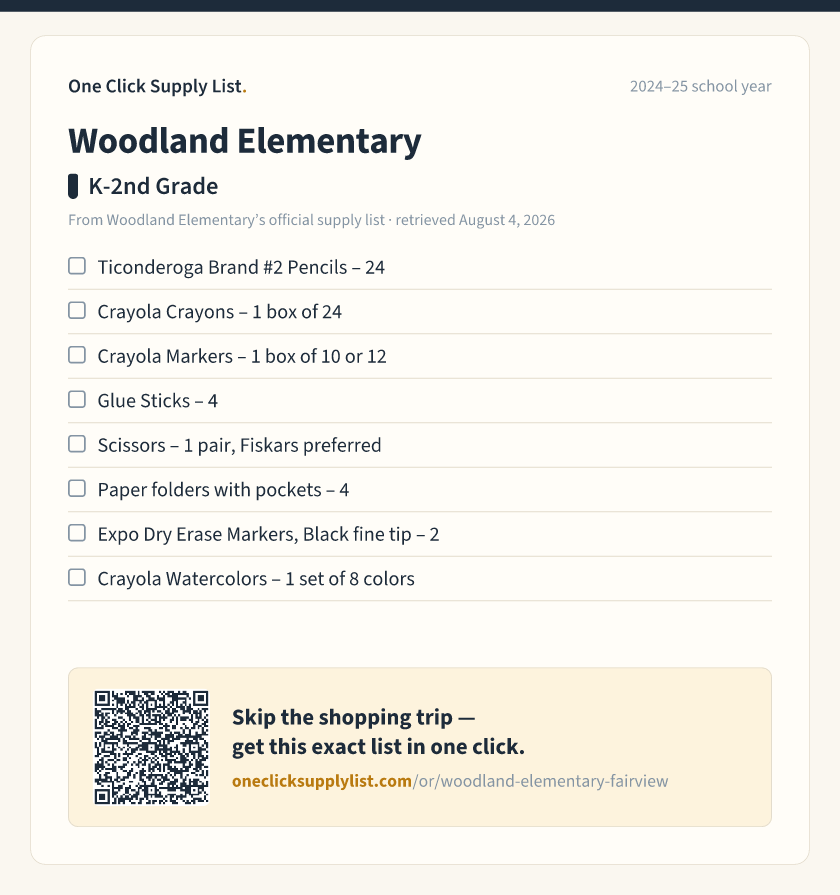 Woodland Elementary K-2nd Grade supply list — printable image