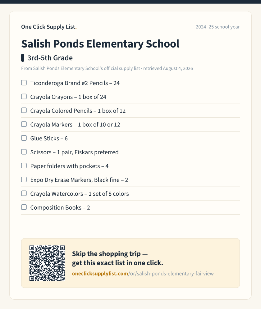 Salish Ponds Elementary School 3rd-5th Grade supply list — printable image