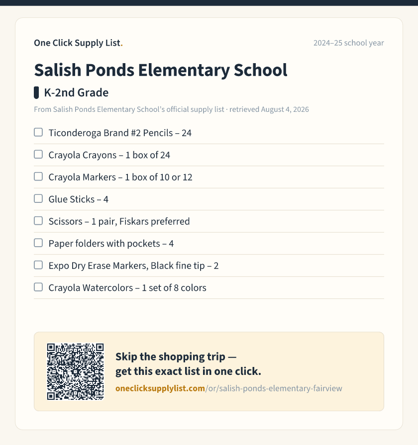 Salish Ponds Elementary School K-2nd Grade supply list — printable image