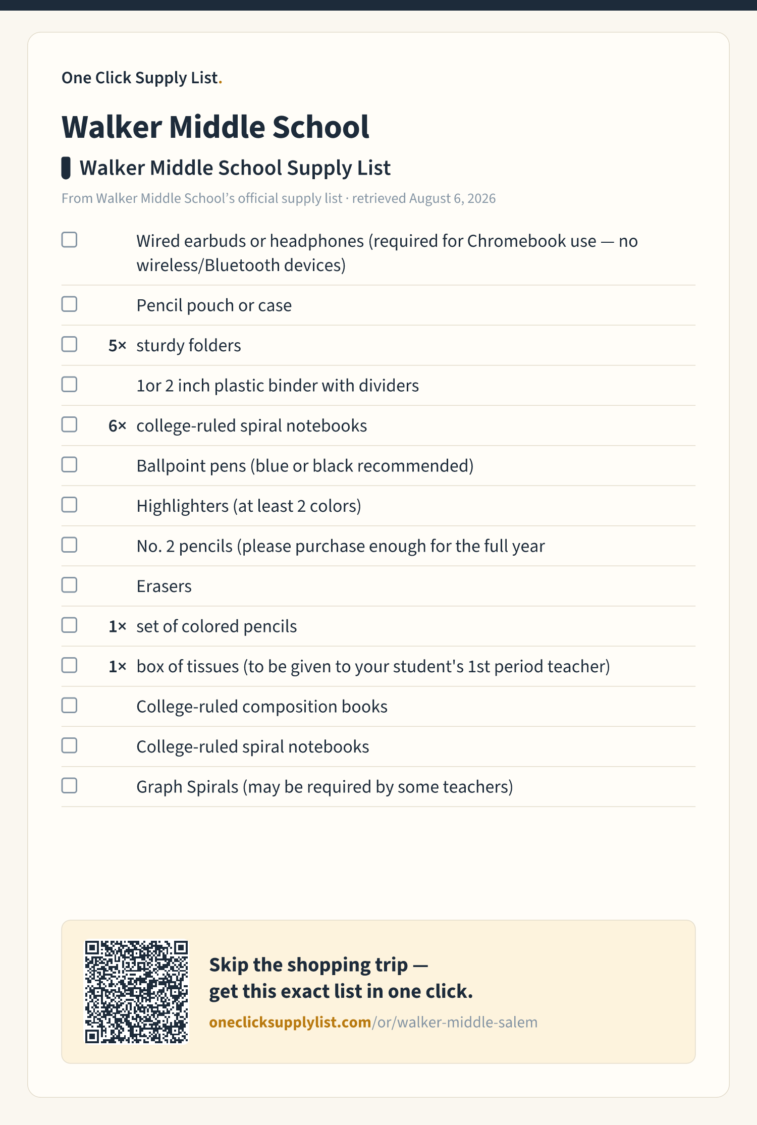 Walker Middle School Walker Middle School Supply List supply list — printable image