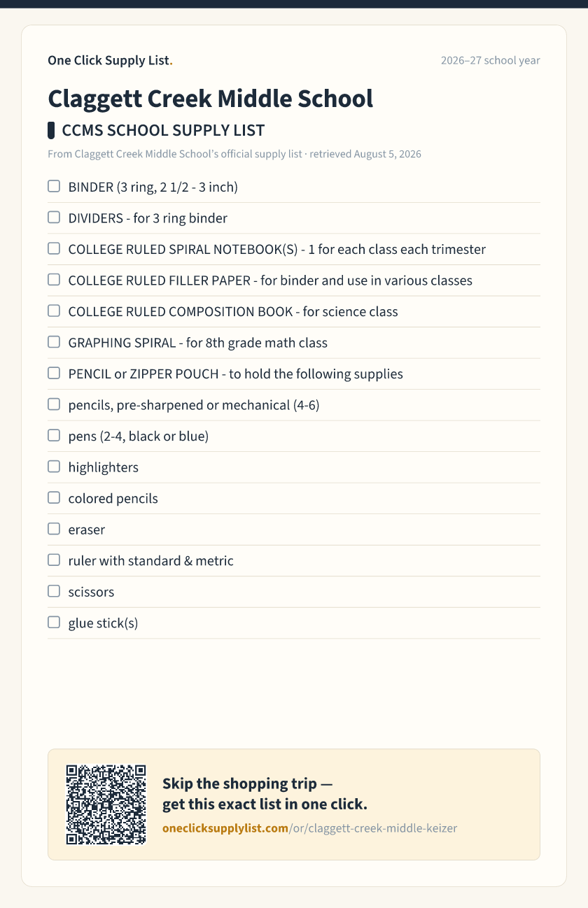 Claggett Creek Middle School CCMS SCHOOL SUPPLY LIST supply list — printable image
