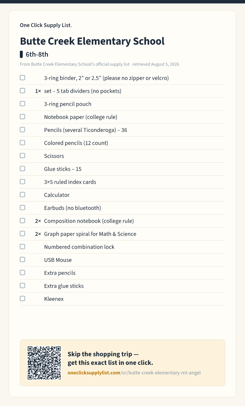 Butte Creek Elementary School 6th-8th supply list — printable image