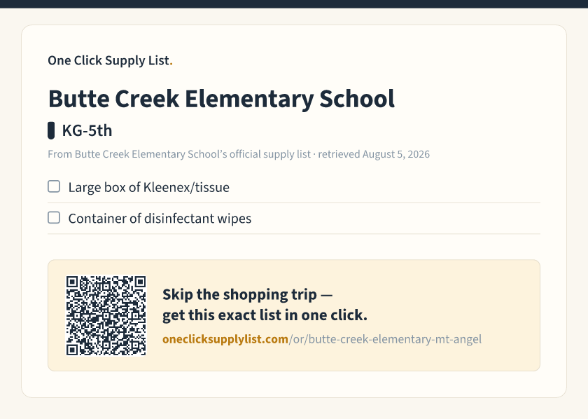 Butte Creek Elementary School KG-5th supply list — printable image
