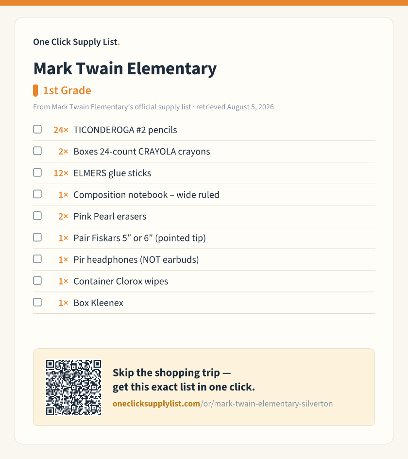 Mark Twain Elementary 1st Grade supply list — printable image