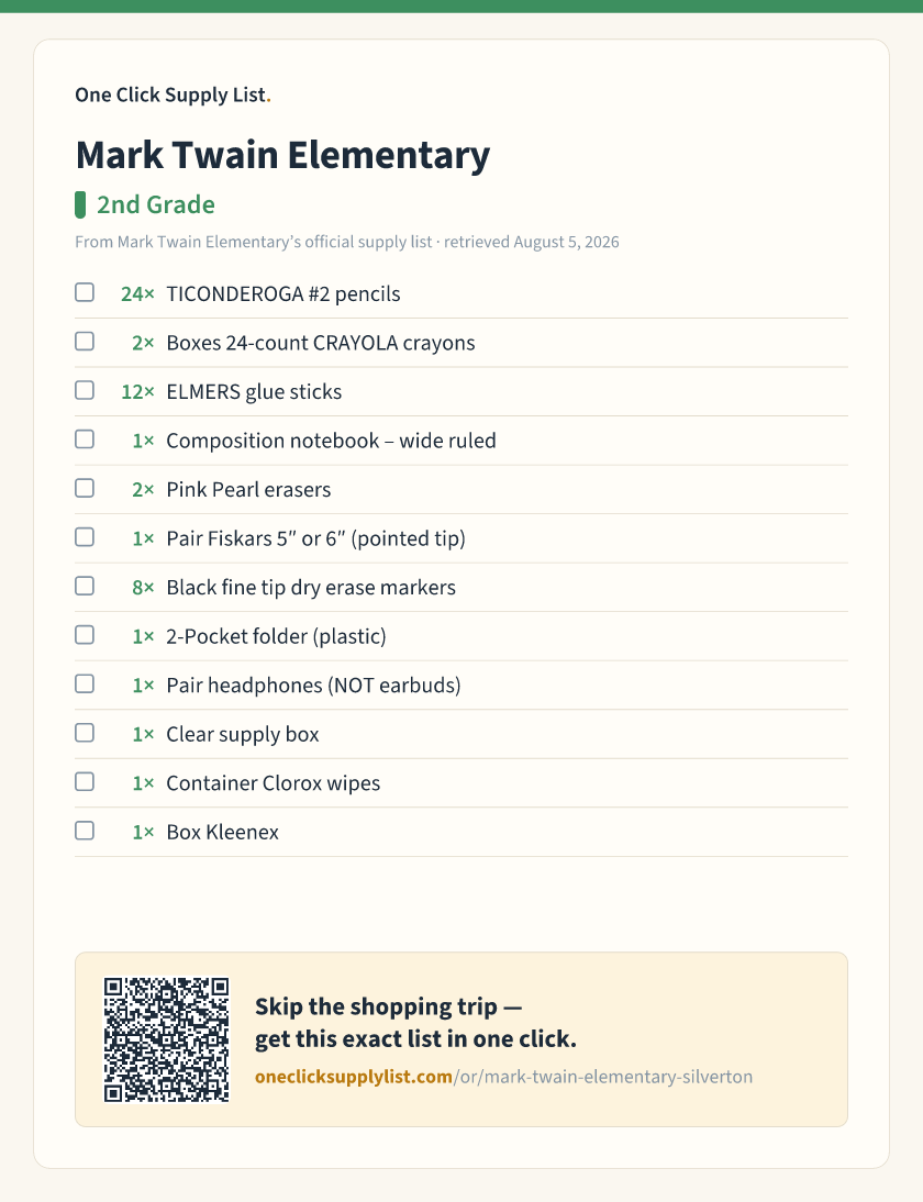 Mark Twain Elementary 2nd Grade supply list — printable image