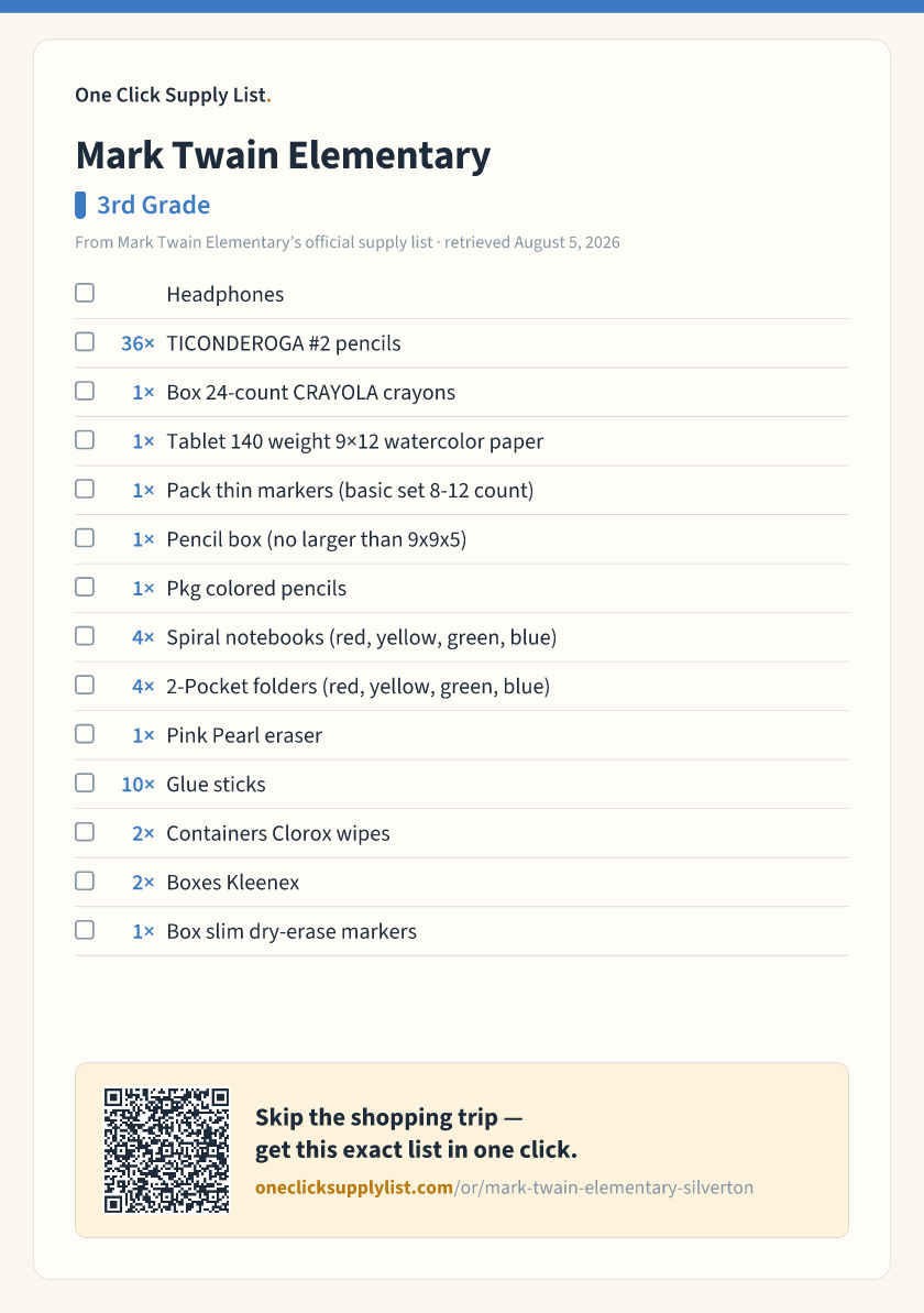 Mark Twain Elementary 3rd Grade supply list — printable image