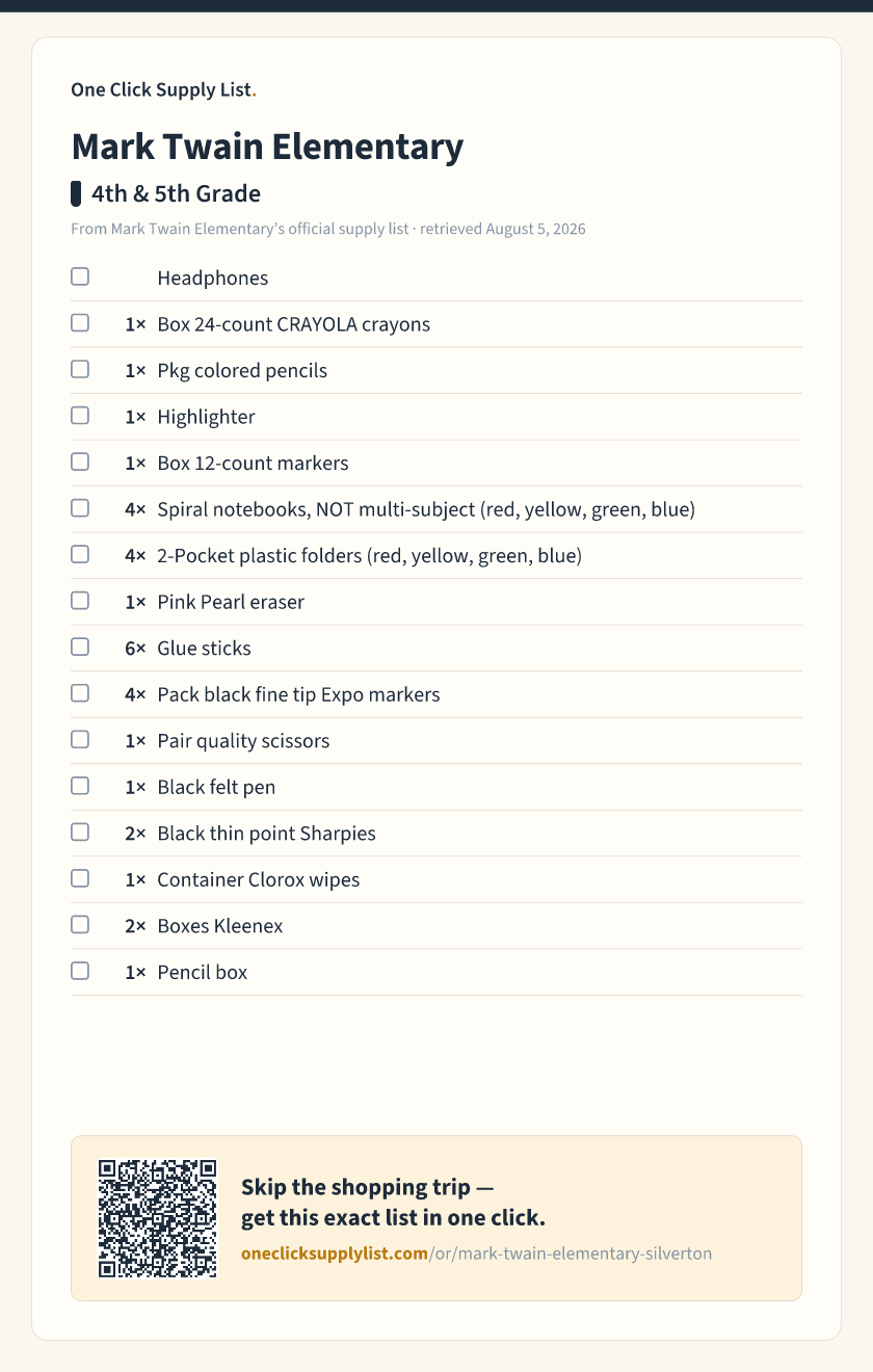 Mark Twain Elementary 4th & 5th Grade supply list — printable image