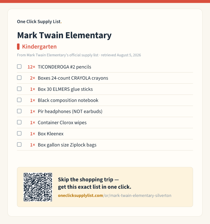 Mark Twain Elementary Kindergarten supply list — printable image