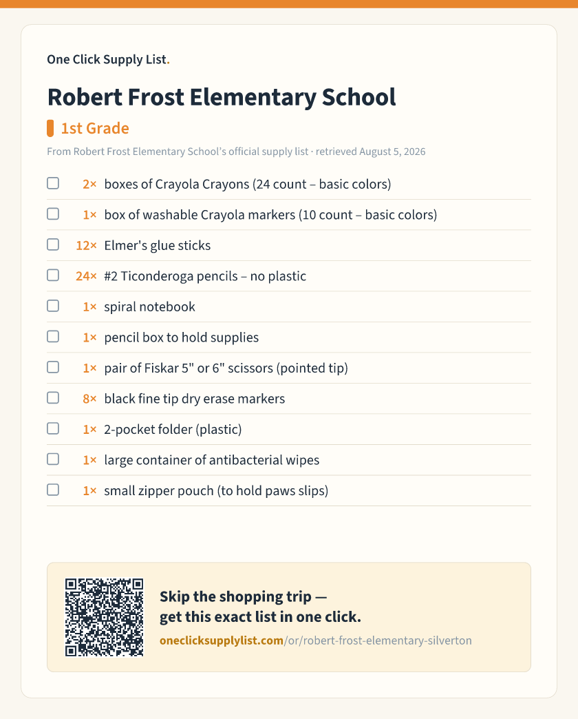 Robert Frost Elementary School 1st Grade supply list — printable image