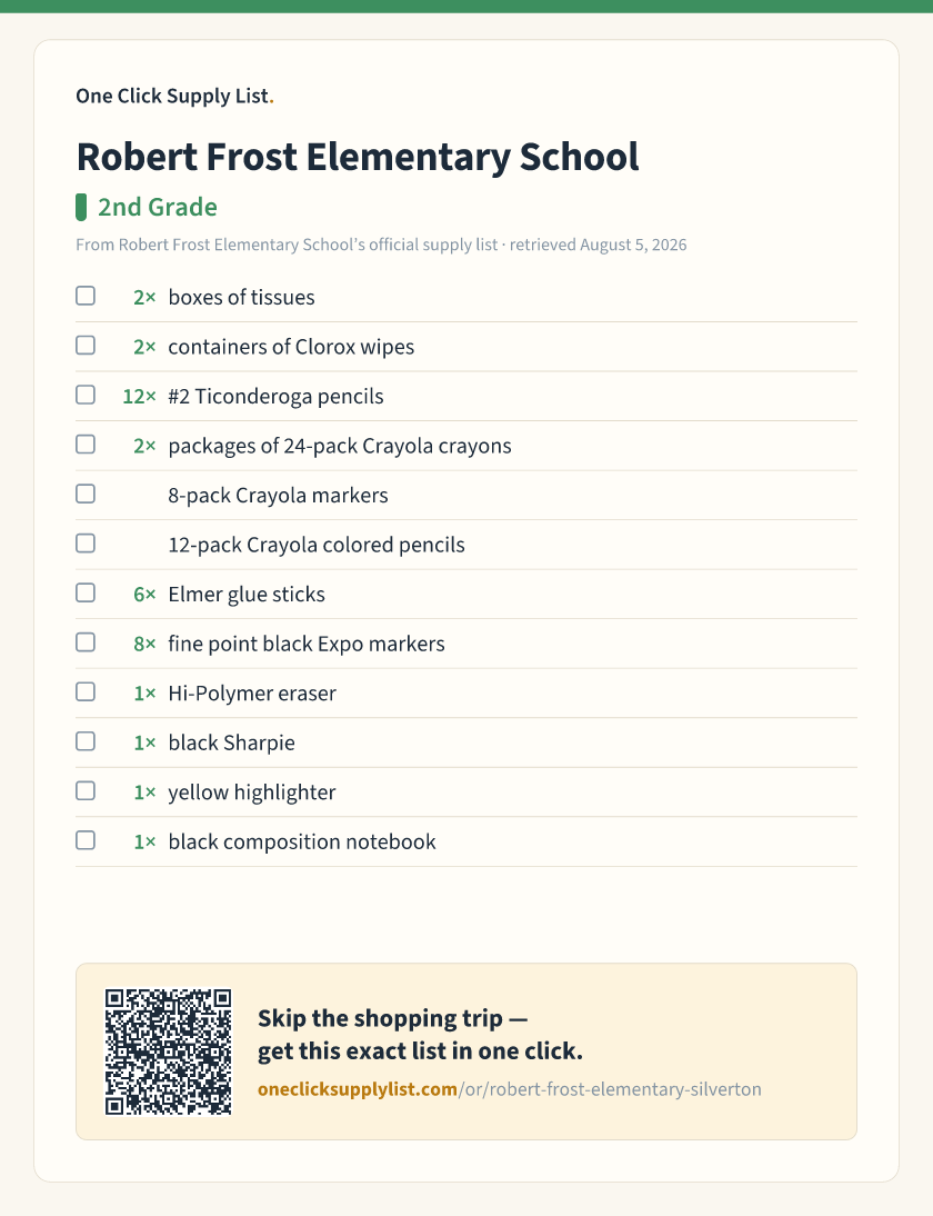 Robert Frost Elementary School 2nd Grade supply list — printable image