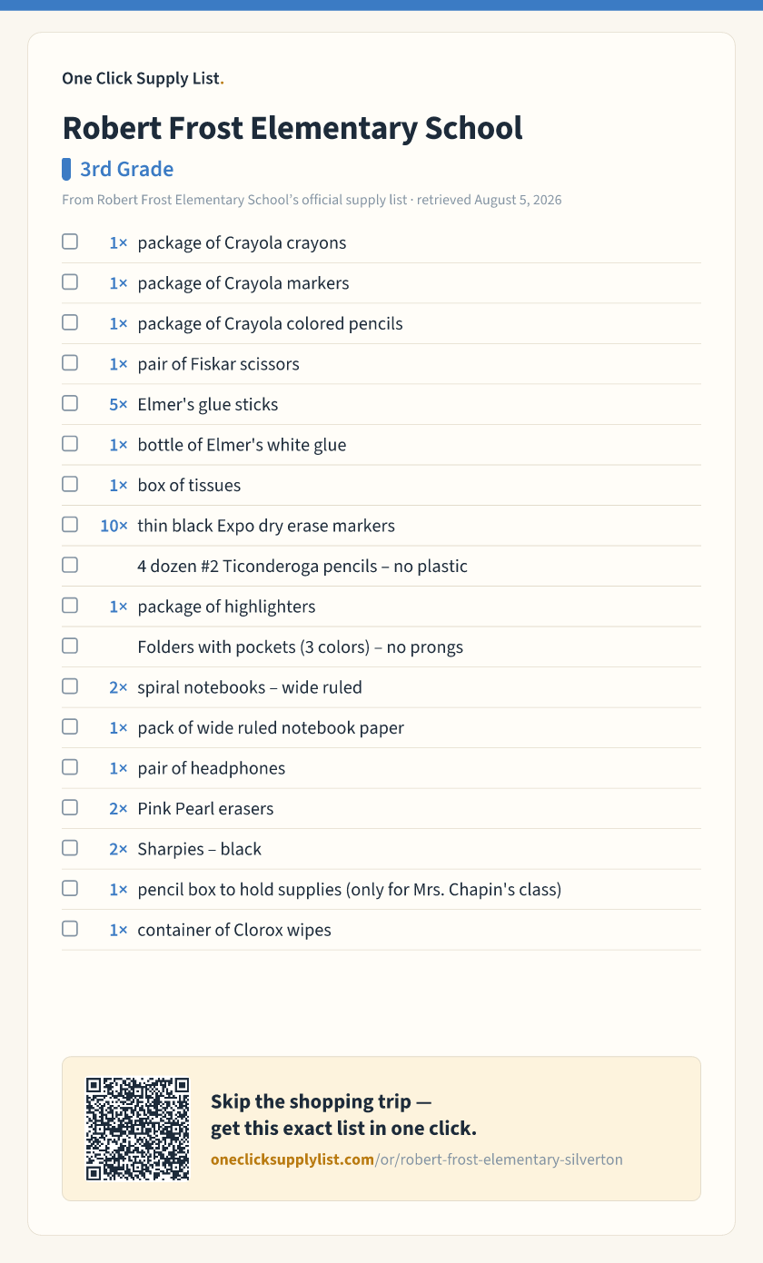 Robert Frost Elementary School 3rd Grade supply list — printable image
