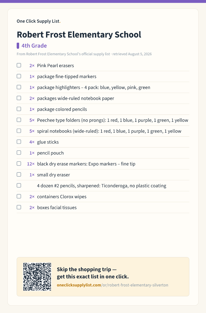Robert Frost Elementary School 4th Grade supply list — printable image