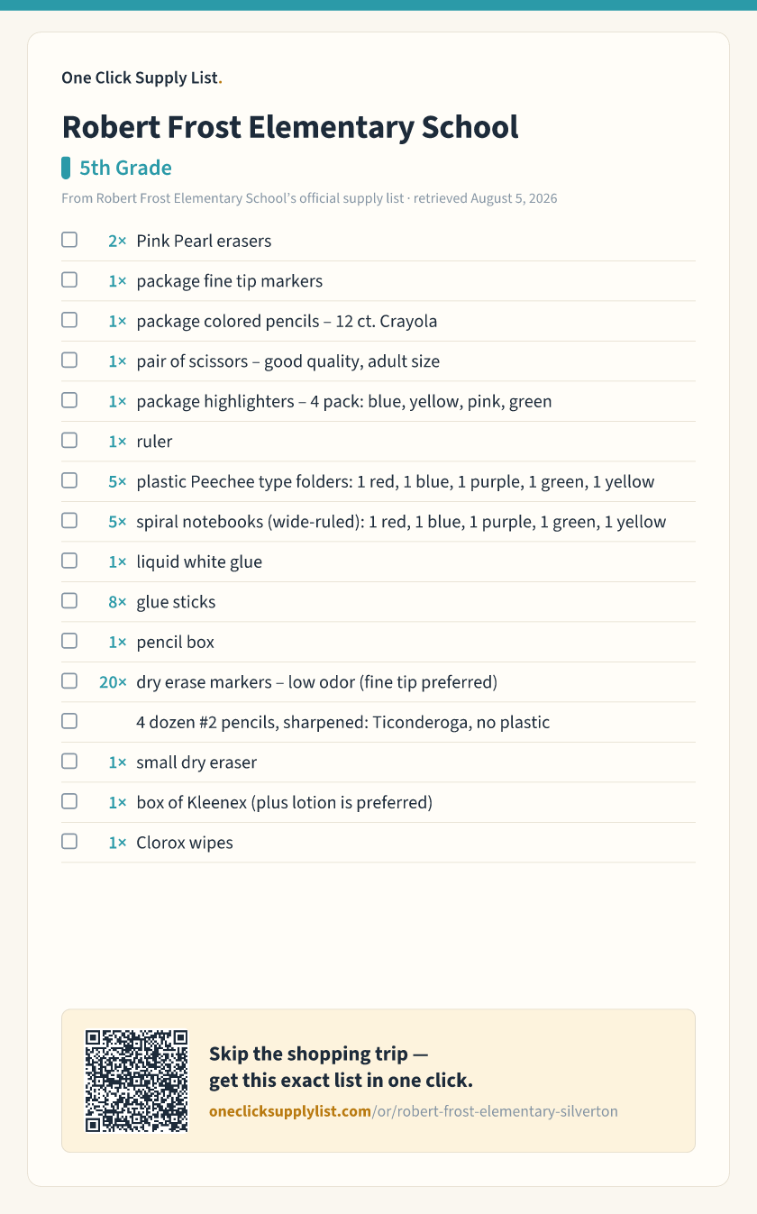 Robert Frost Elementary School 5th Grade supply list — printable image