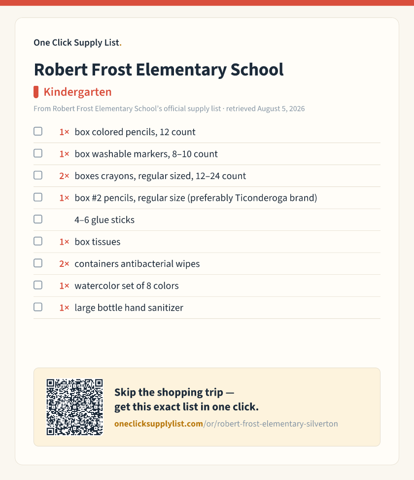 Robert Frost Elementary School Kindergarten supply list — printable image